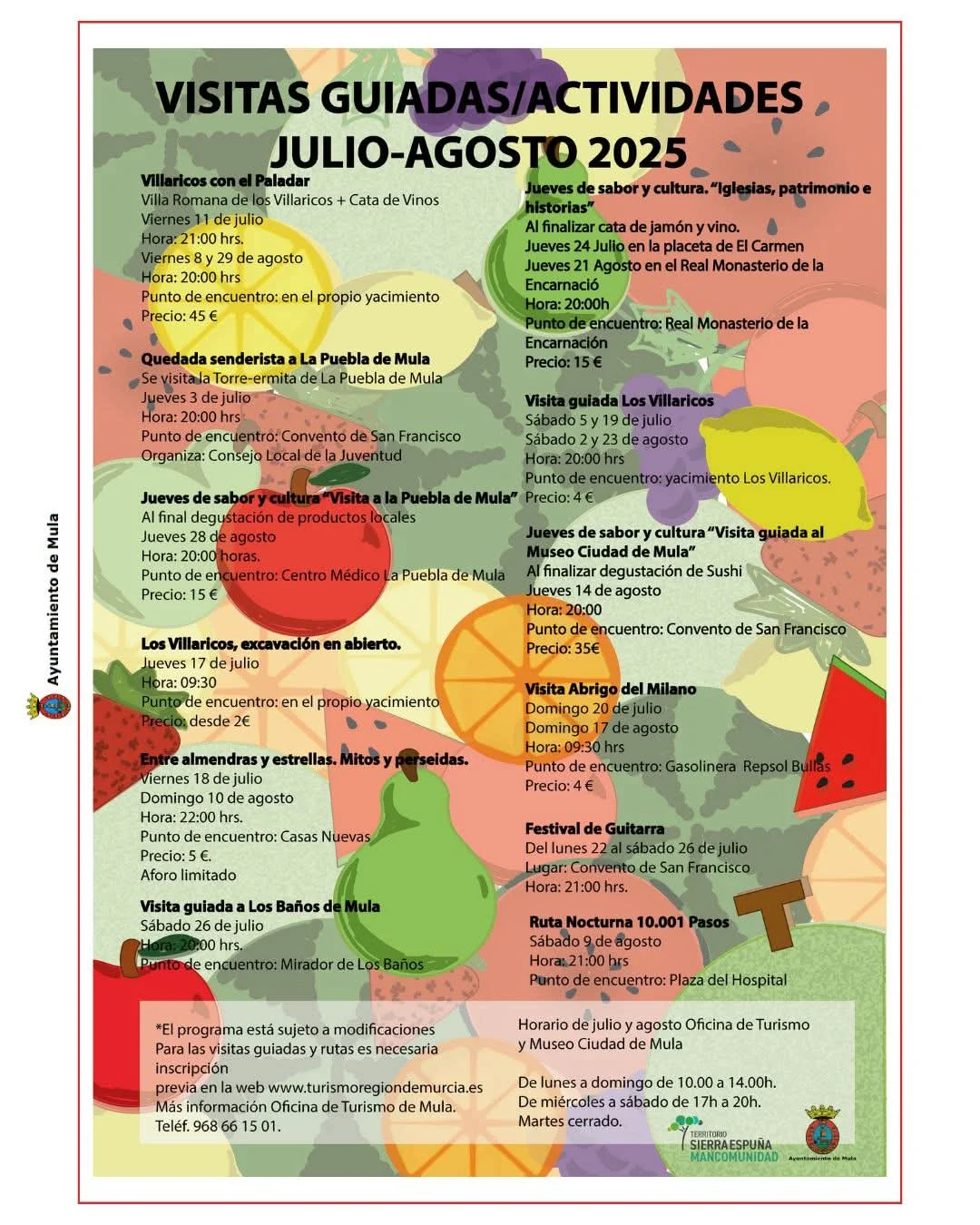 Cartel actividades y visitas en Mula. Verano 2025