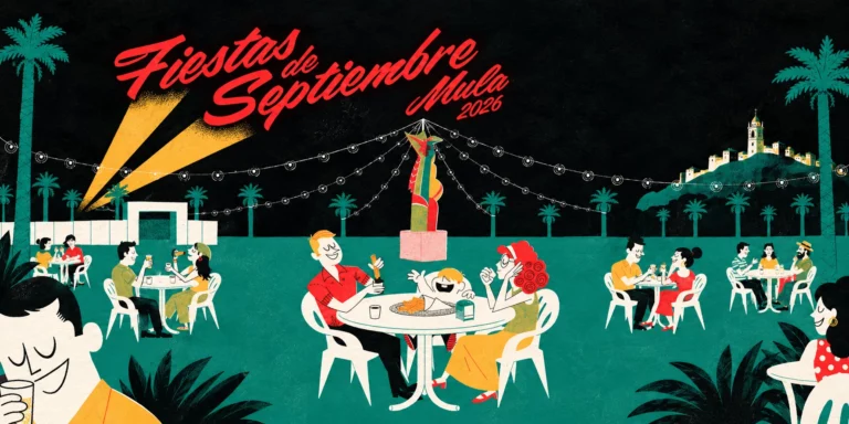 Imagen horizontal ilustrativa de las Fiestas de Mula 2026, con ambiente festivo nocturno, luces y personas reunidas en una plaza.