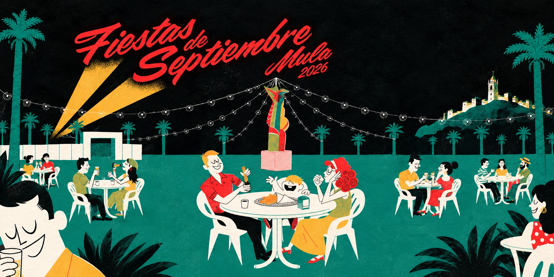 Imagen horizontal ilustrativa de las Fiestas de Mula 2026, con ambiente festivo nocturno, luces y personas reunidas en una plaza.
